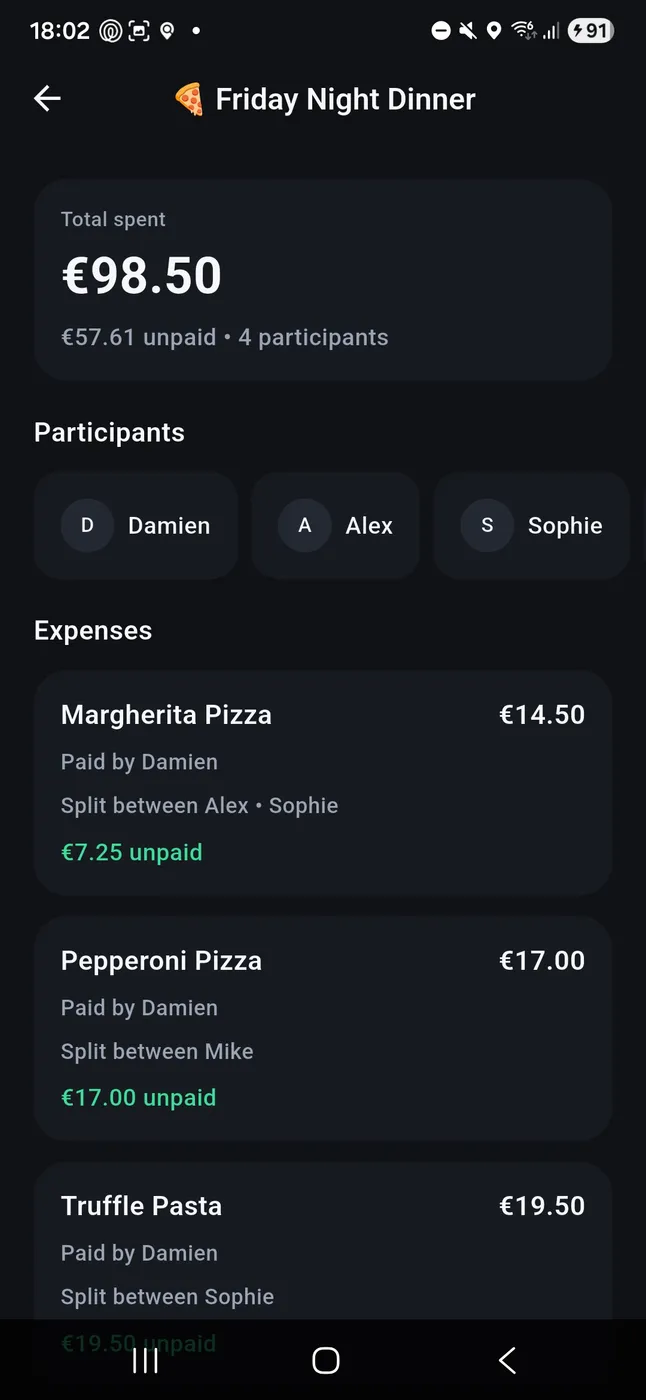 Bill detail page displaying participants, expenses, payers, and remaining outstanding balances