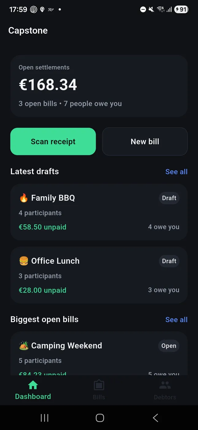 Receipt Splitter dashboard showing open settlements and bill summaries